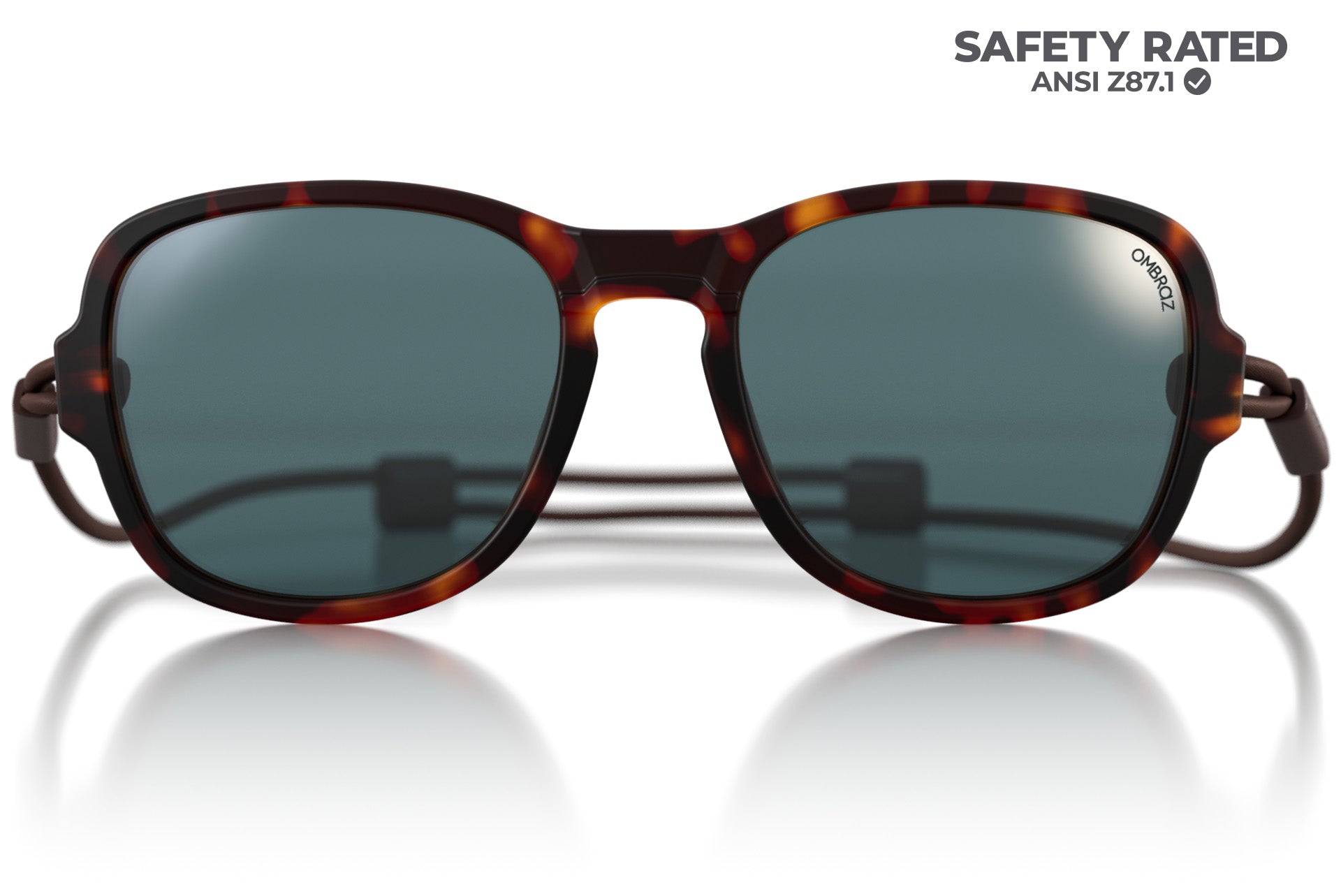 teton_tortoise_grey Close up of Ombraz teton armless sunglasses with cord