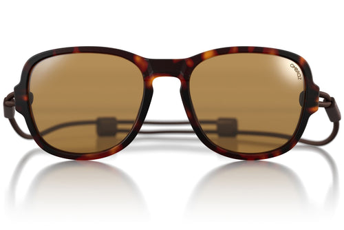 teton_tortoise_yellow Close up of Ombraz teton armless sunglasses with strap