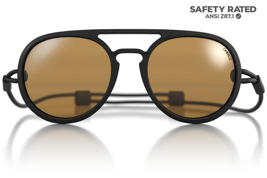 dolomite_charcoal_yellow Tilted shot of Ombraz unisex armless string sunglasses, gear of the year award