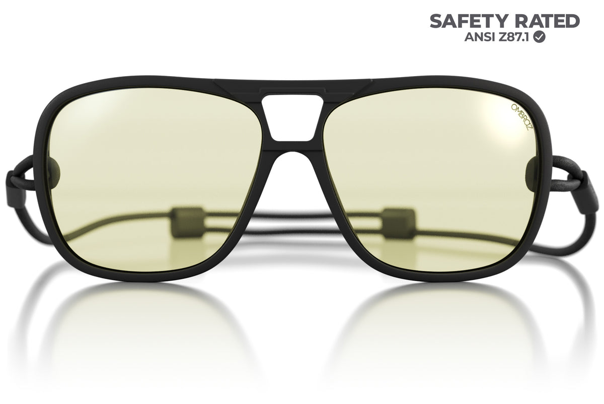 leggero_charcoal_blocker Close up of Ombraz leggero armless sunglasses with strap