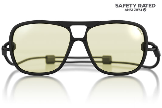 leggero_charcoal_blocker Close up of Ombraz leggero armless sunglasses with strap