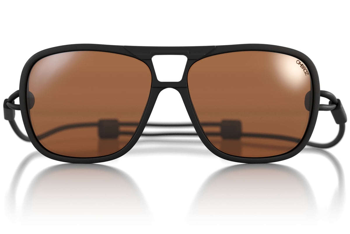 leggero_charcoal_brown Side shot of Ombraz leggero charcoal brown unisex armless sunglasses with strap