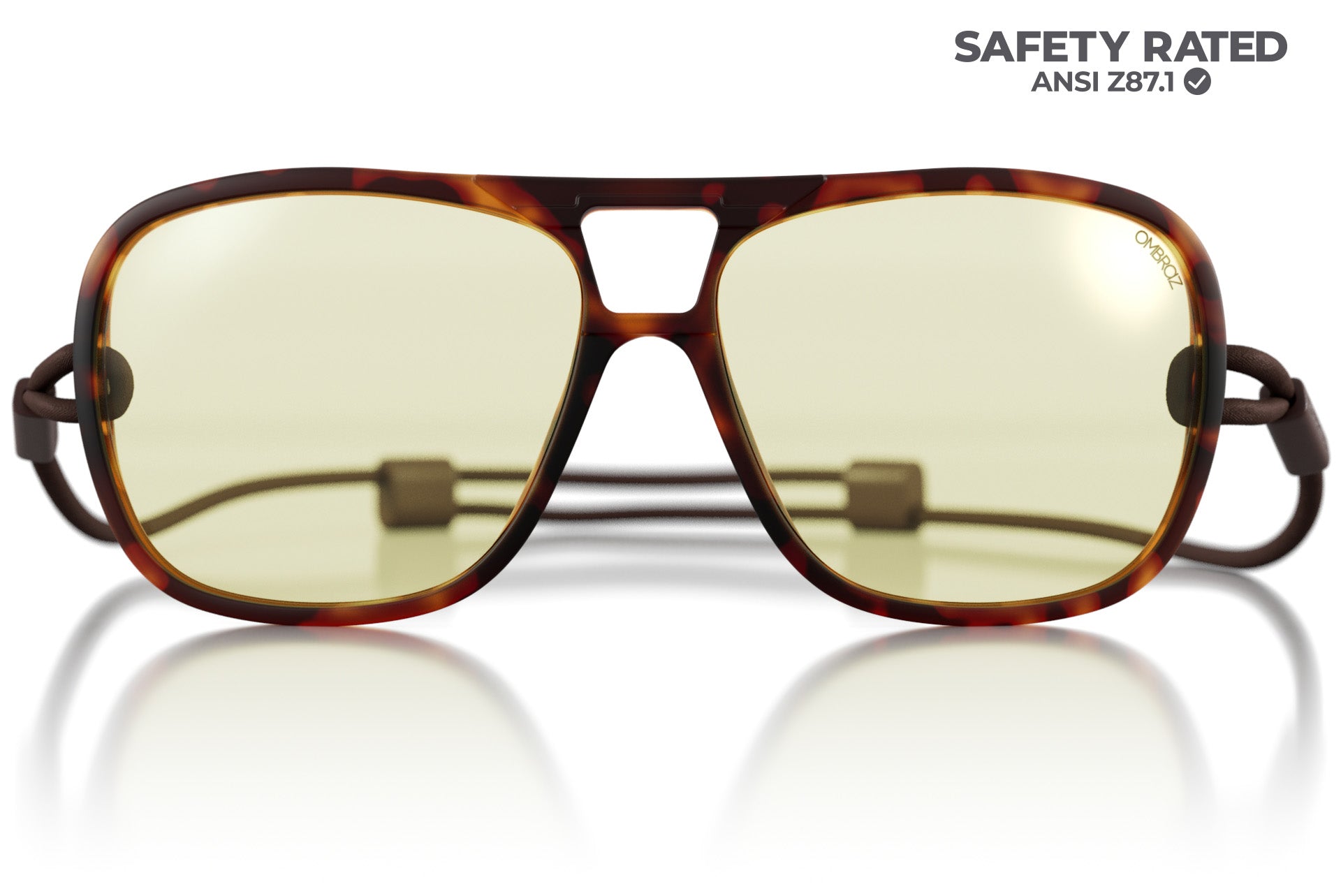 leggero_tortoise_blocker Close up of Ombraz leggero armless sunglasses with cord