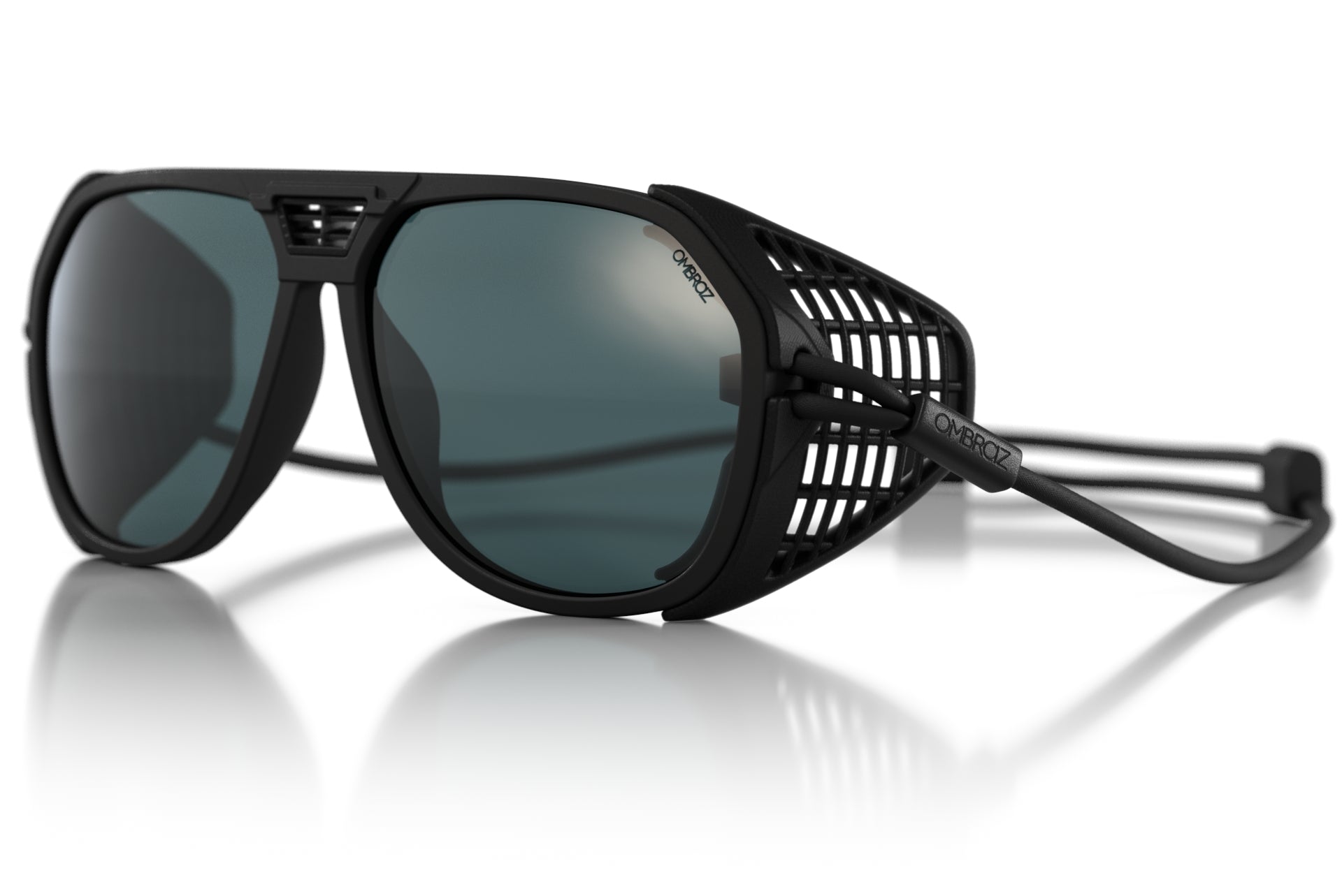 Side angle of Ombraz unisex classic armless strap sunglasses with side shields
