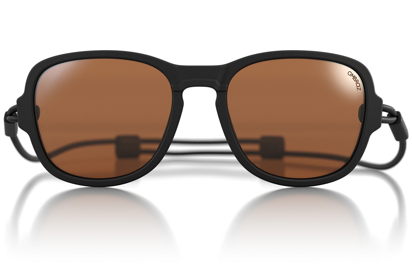 TETON_CHARCOAL_BROWN  Close up of Ombraz teton armless string sunglasses