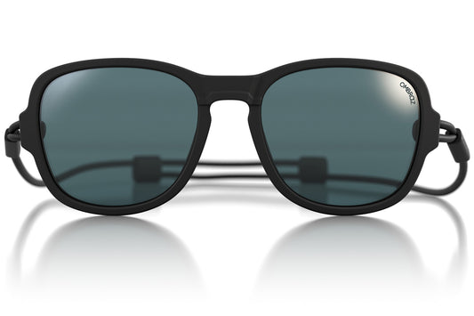 Close up of Ombraz teton armless strap sunglasses TETON_CHARCOAL_GREY