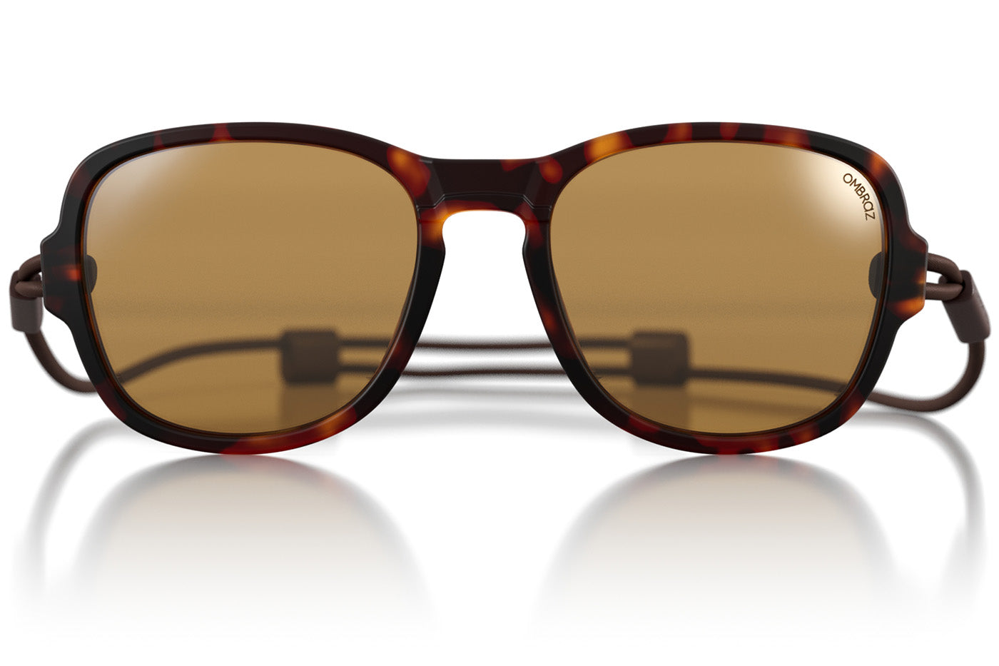 TETON_TORTOISE_YELLOW Close up of Ombraz teton armless sunglasses with strap